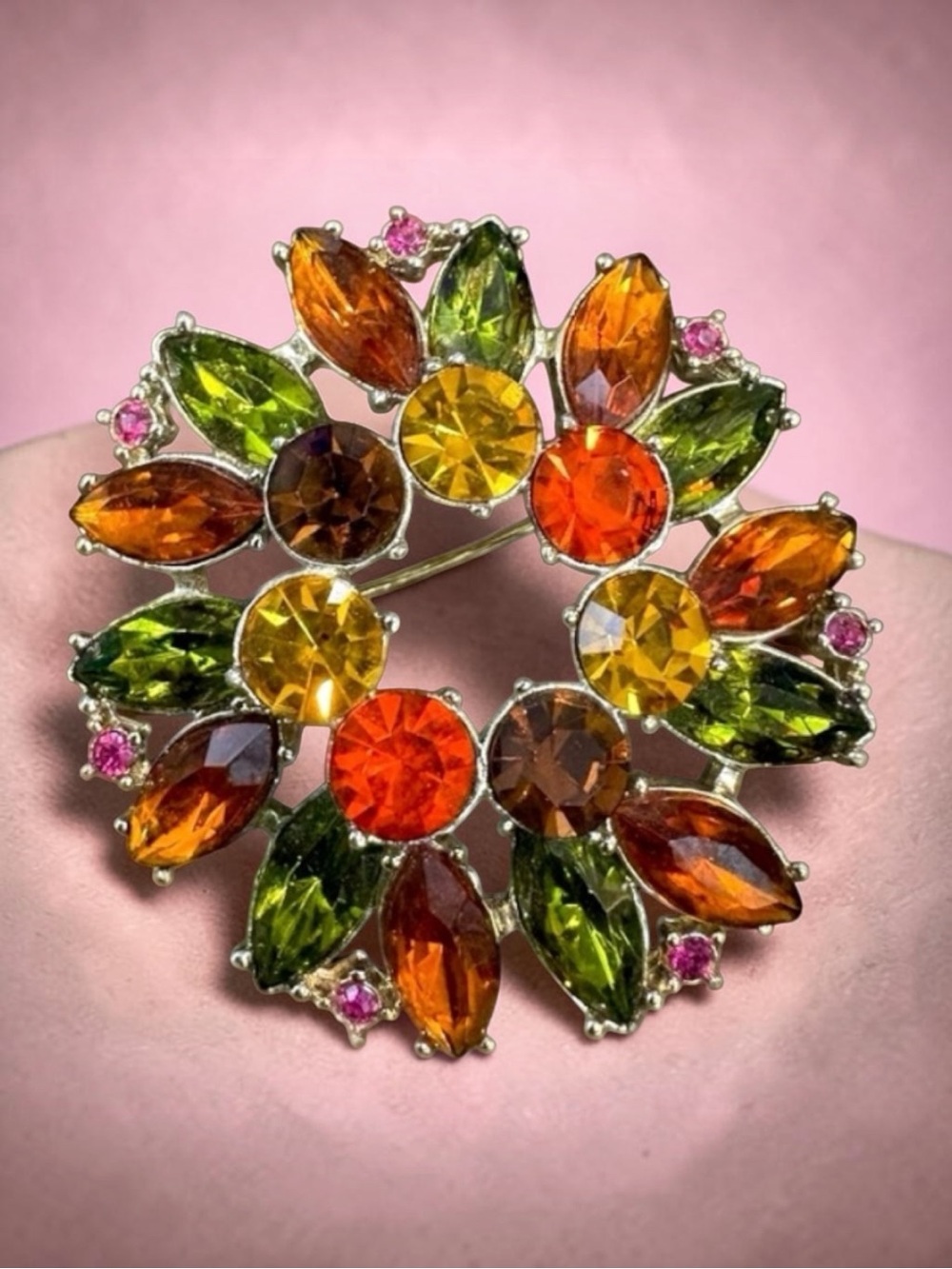 Emmons Vintage Large Sparkly Brooch - Topaz, Orange, Green, Pink, Amber
